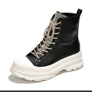 Black and white rhinestones combat boots